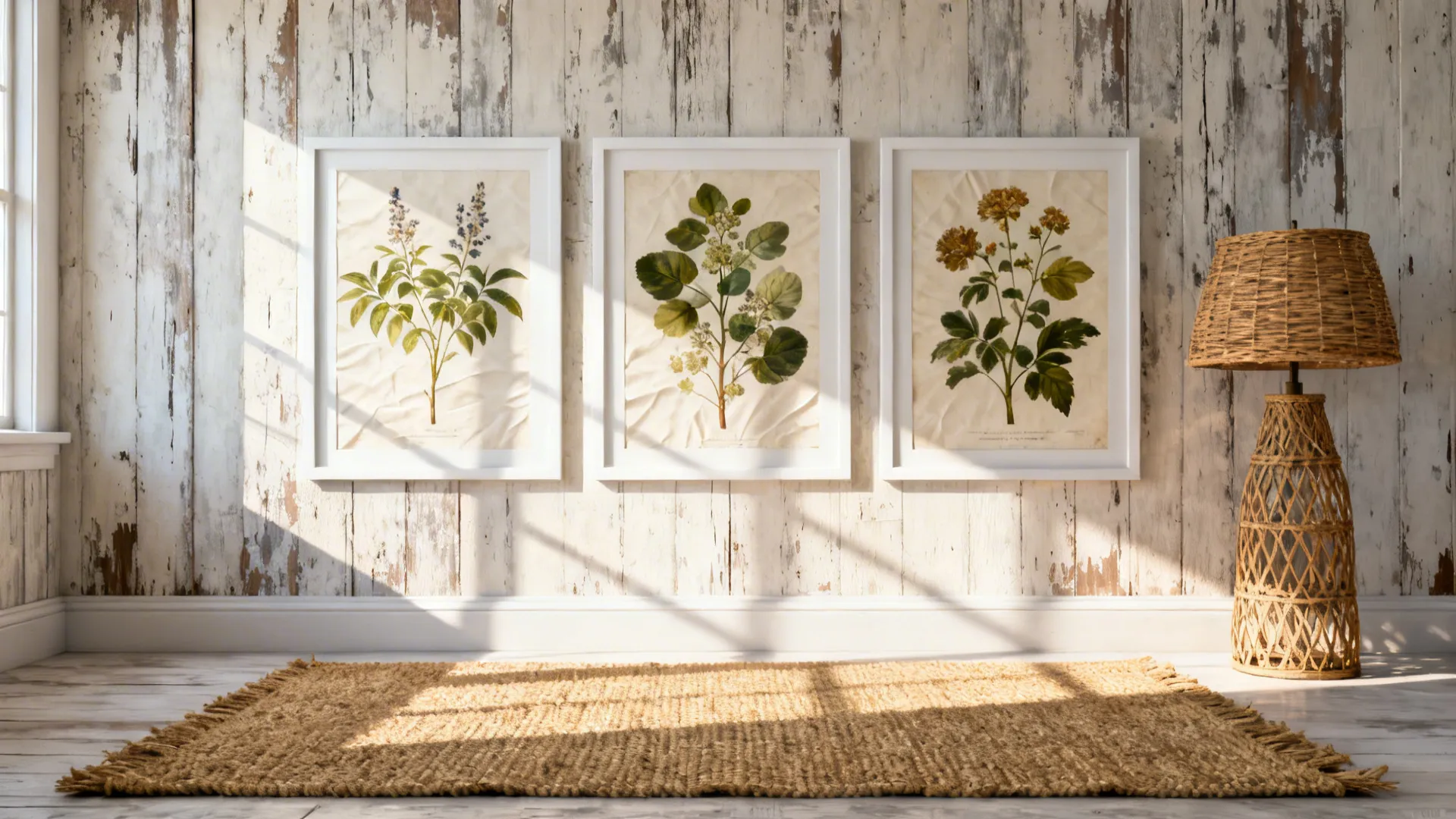 Overscale botanical prints in simple frames paired with woven textures in a modern farmhouse living room.