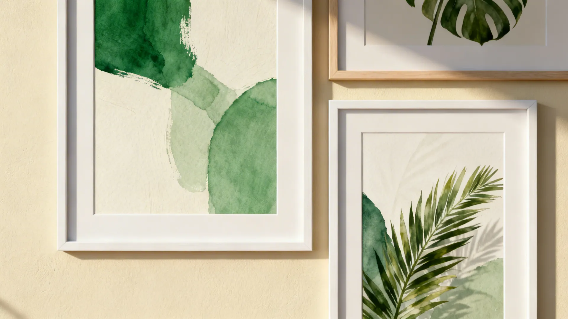 Framed botanical prints and minimalist green-cream artwork on a cream wall