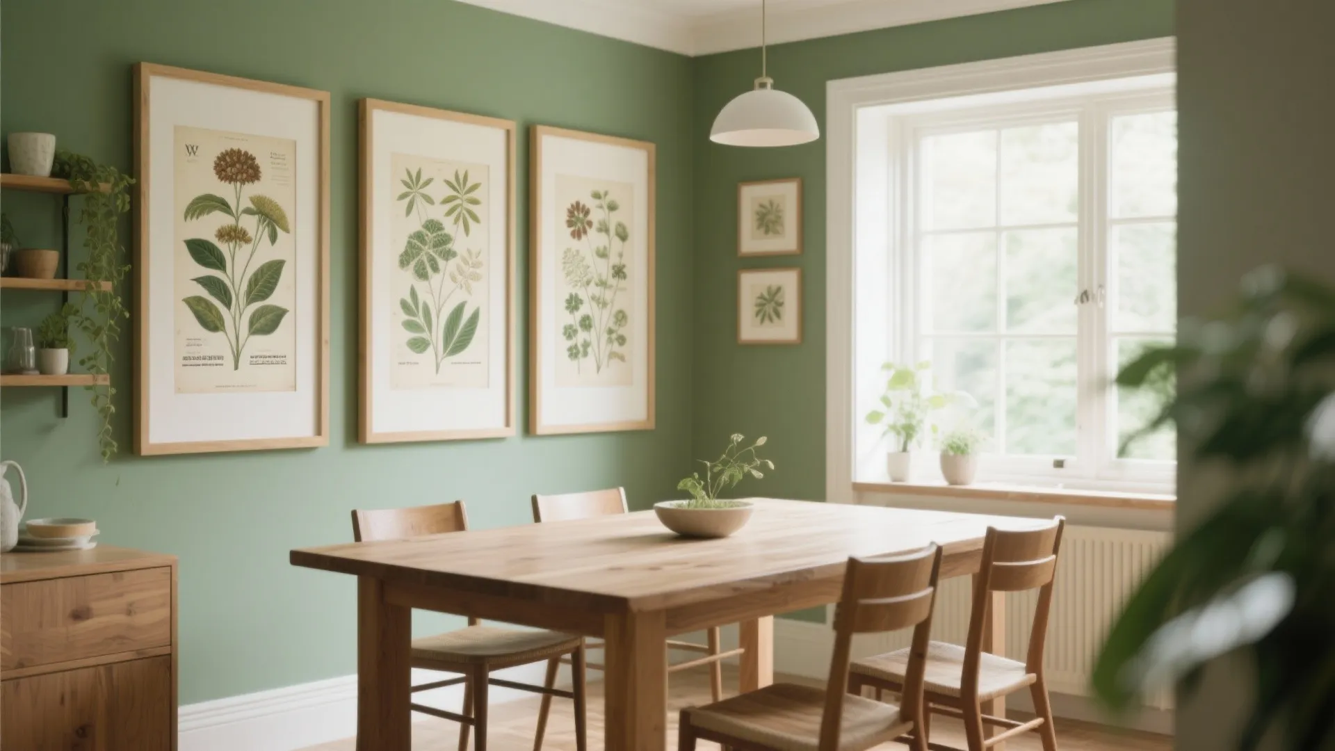 Green dining room featuring wooden table matching chairs botanical wall art white window and ceiling light