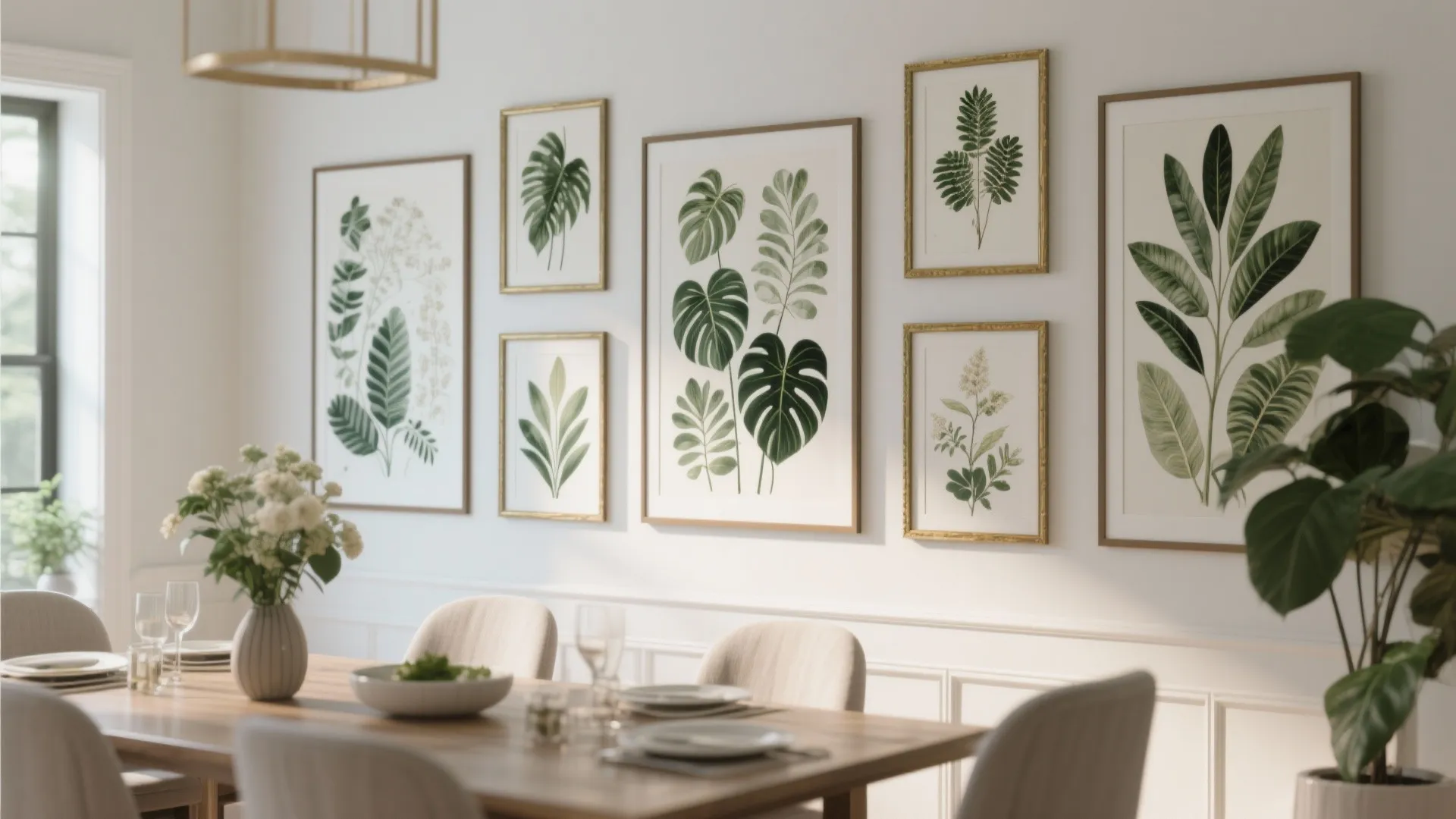 Dining room wall decorated with several framed botanical leaf prints above a wooden dining table