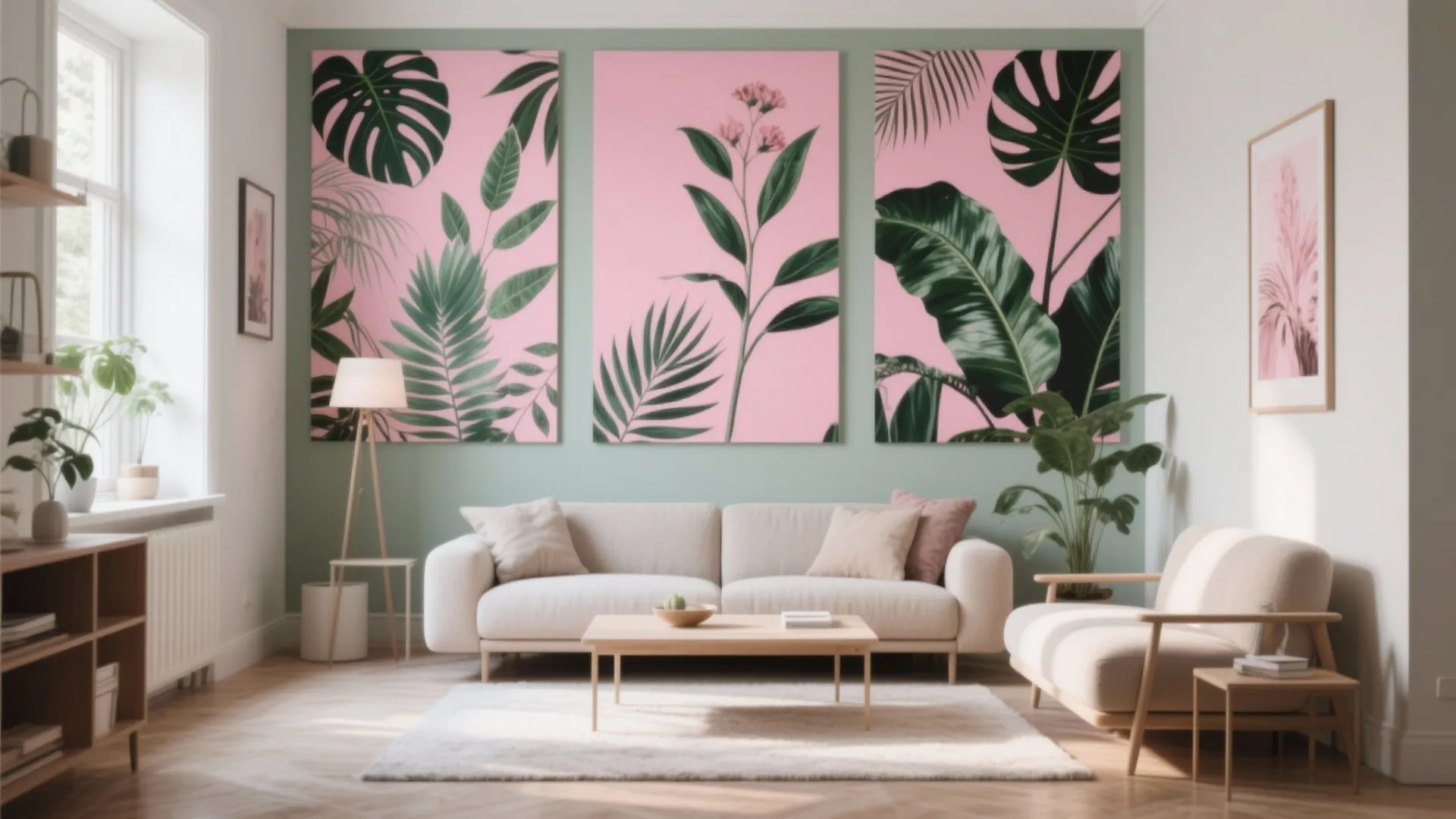 Modern living room with botanical art prints on pink background behind a cream sofa and table