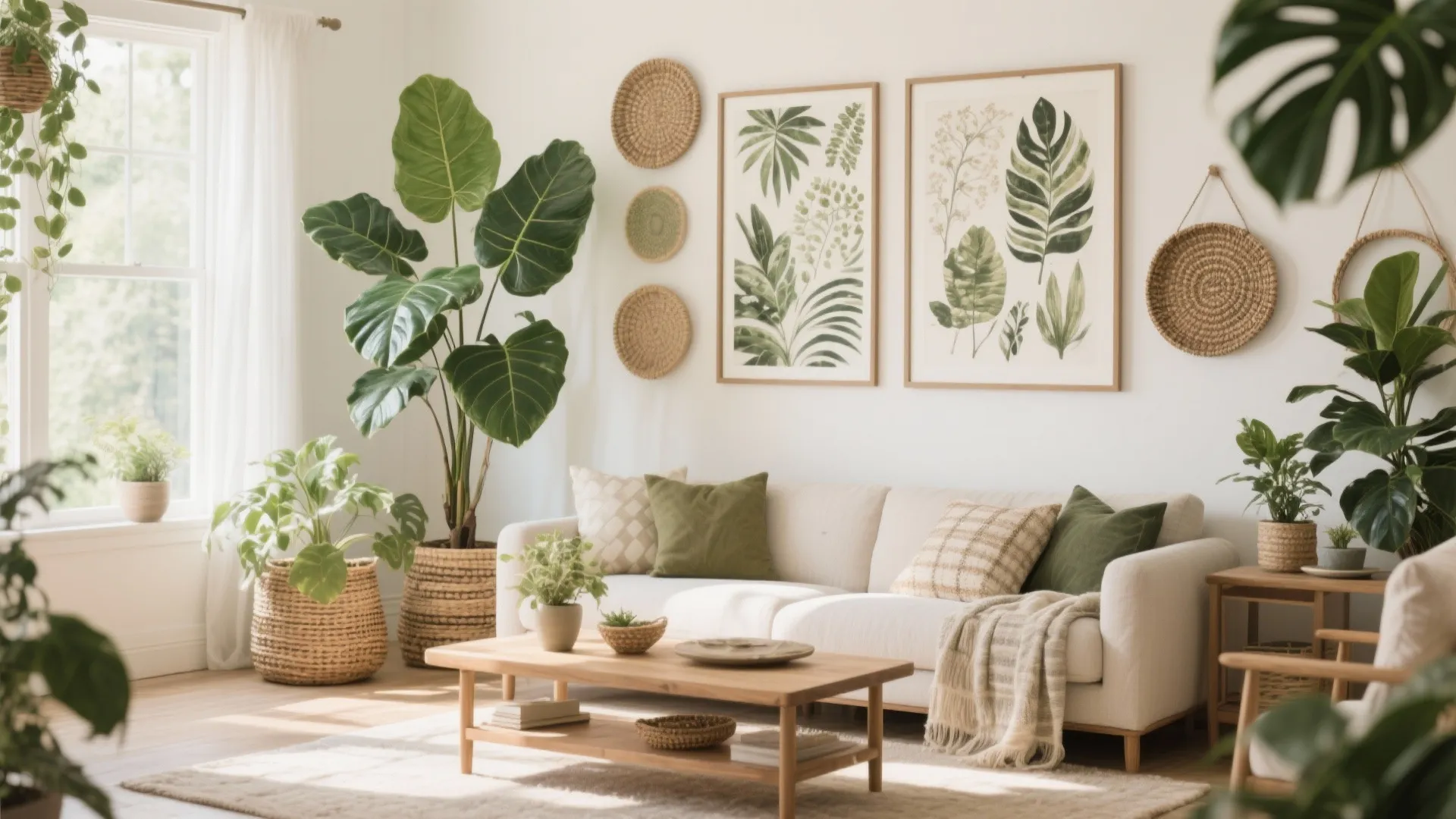 Living room with lush greenery and botanical prints