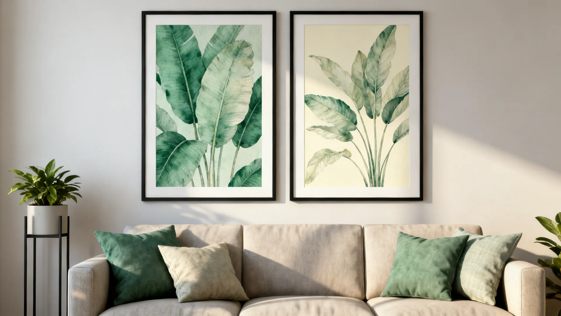 Sofa wall with two oversized botanical prints in muted emerald and soft cream on a sage green wall