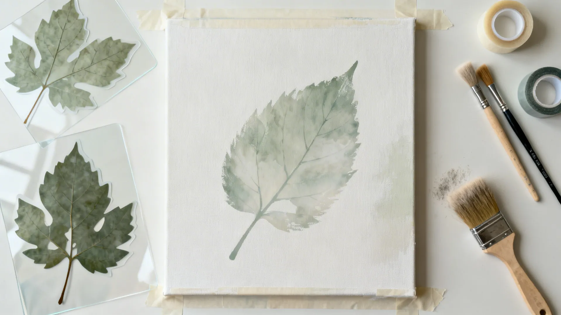 Top-down view of canvas, leaf stencils, neutral paints, and brushes in progress.