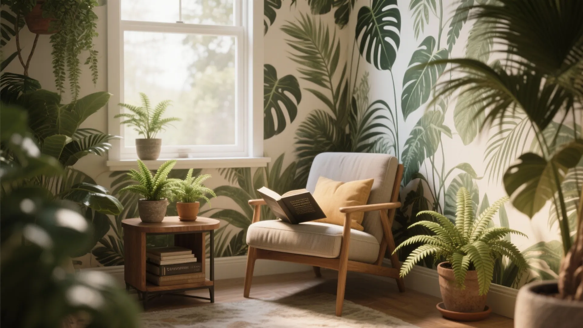 Reading nook with botanical wallpaper and natural greenery accents