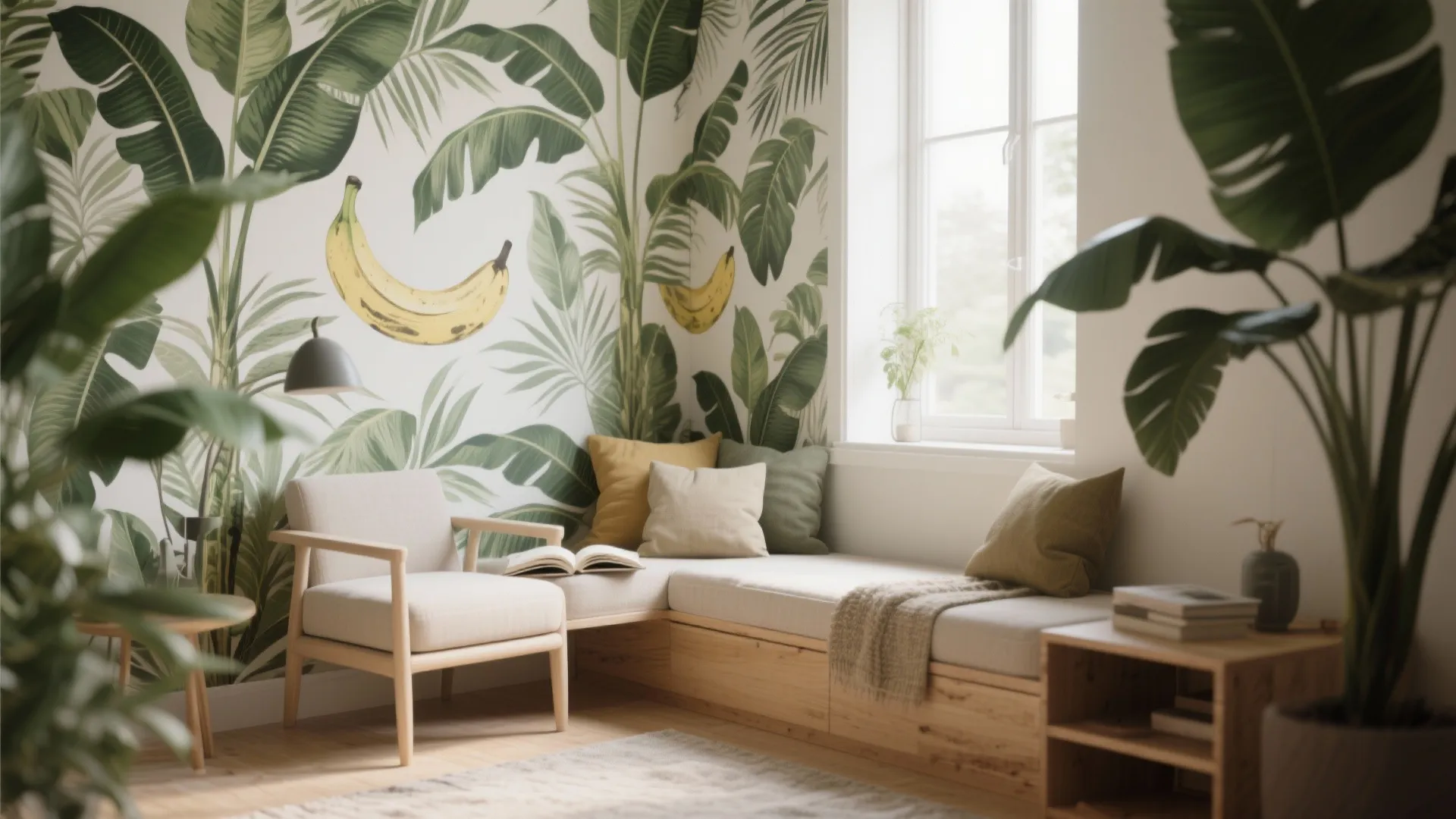 Reading nook with botanical wall paper beige armchair wooden bench green pillows window and plants