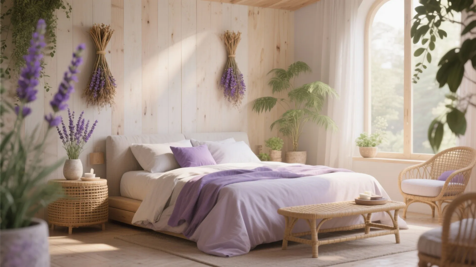 Cozy bedroom with wood wall panels, lavender plants, wicker bench, purple bedding, and arched window