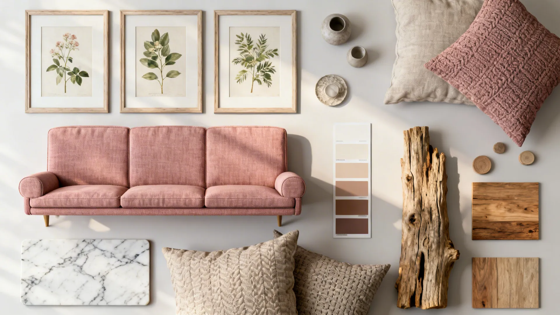 Flatlay of botanical prints and muted rose fabric swatches with wood samples