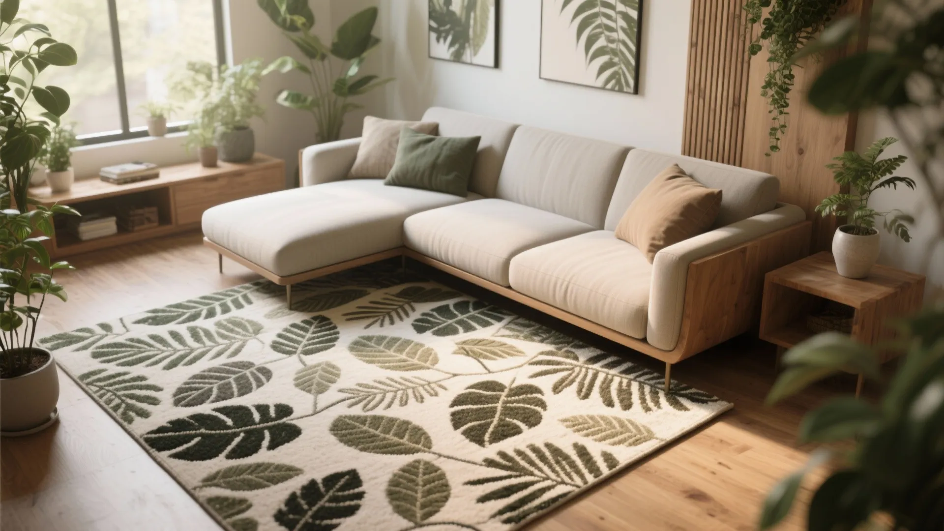Cozy living room featuring a leaf pattern rug beige sofa green plants and wood furniture