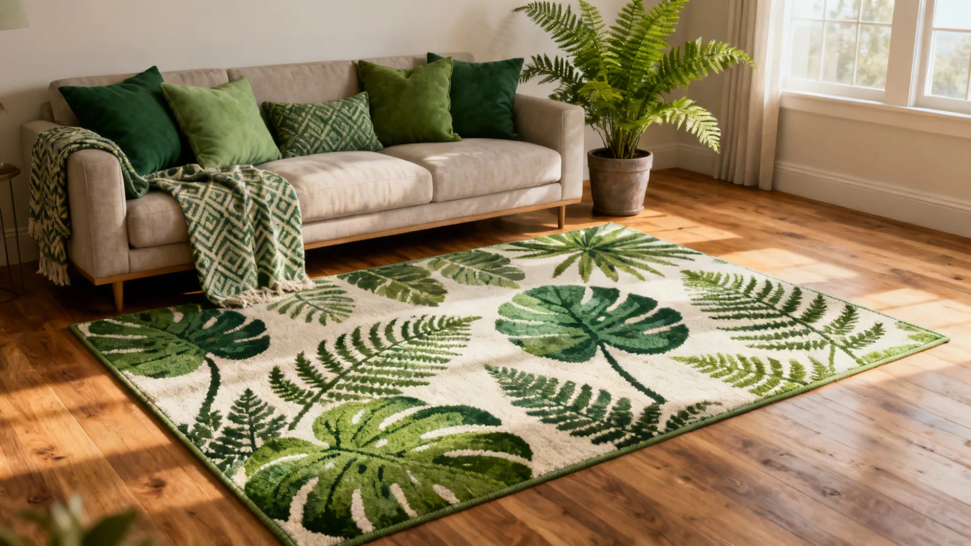 Living room with a botanical leaf-pattern green rug, potted plants and neutral sofa.