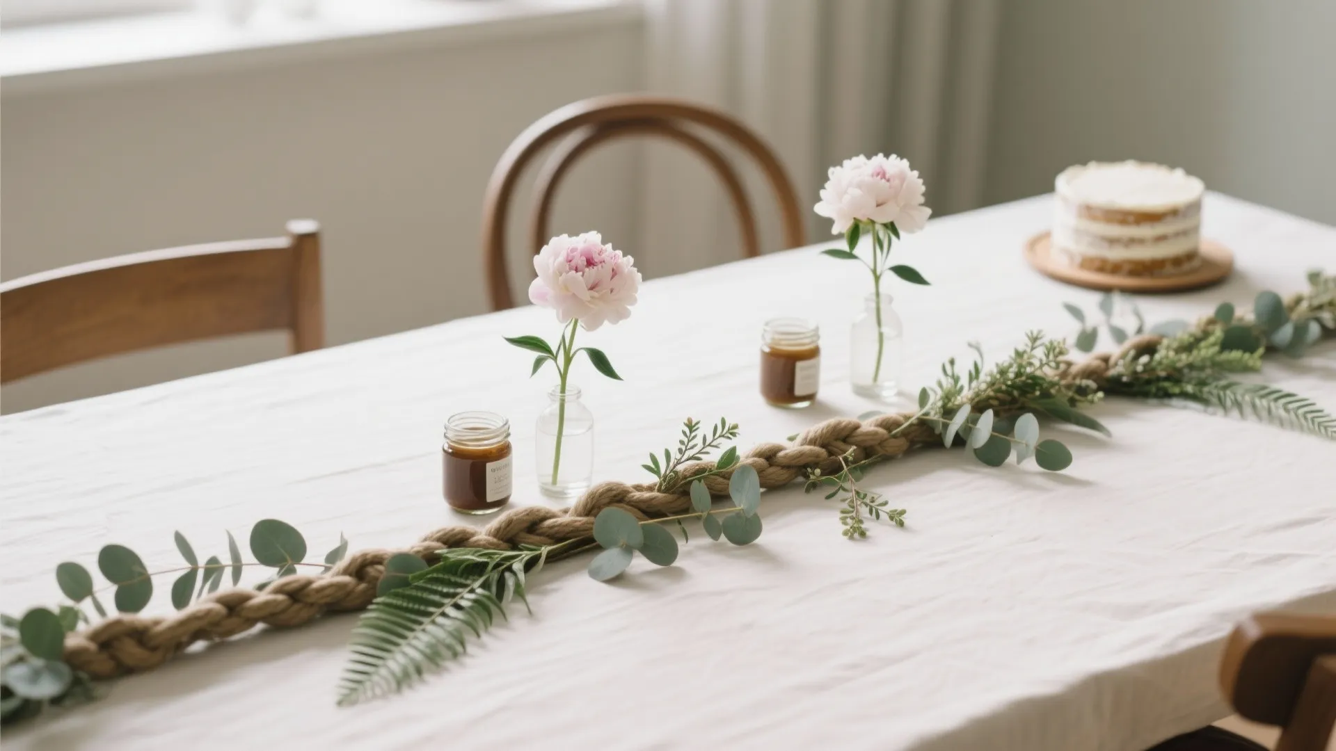 Dining table with white cloth brown rope runner pink flowers in vases and a cake