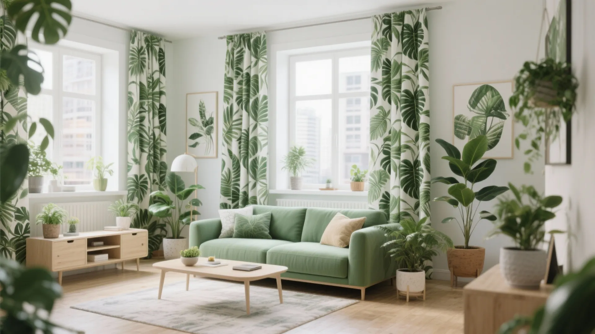 Bright living room with green sofa wooden coffee table leaf pattern curtain and indoor plants