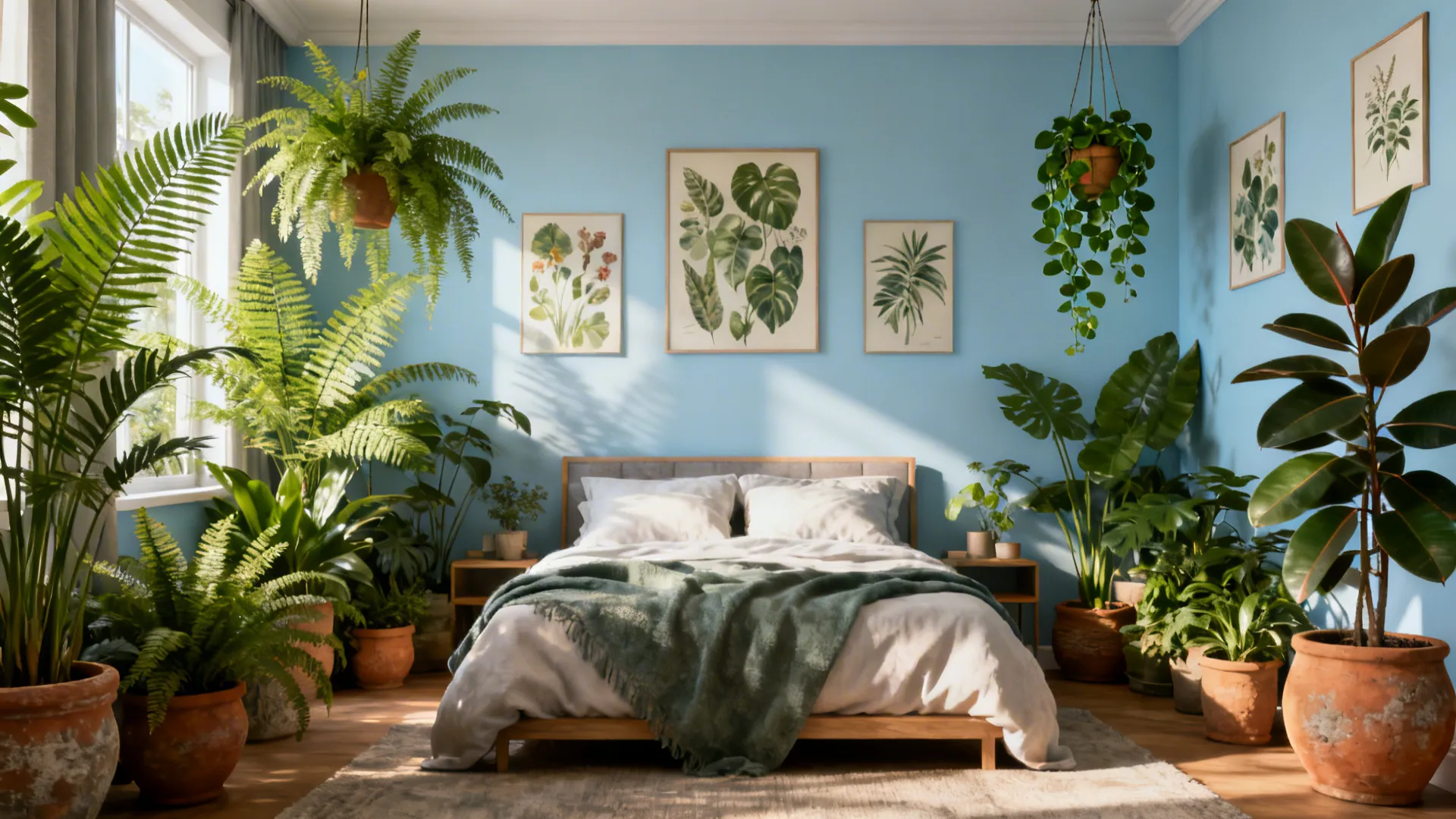 Blue bedroom filled with many green potted plants botanical wall art and sunlight from window