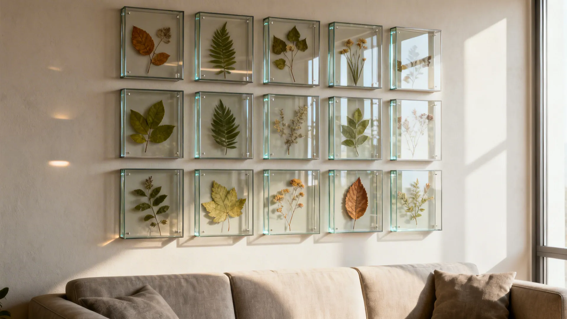 Grid of botanical shadow boxes with pressed plants displayed above a sofa, framed with UV glass.