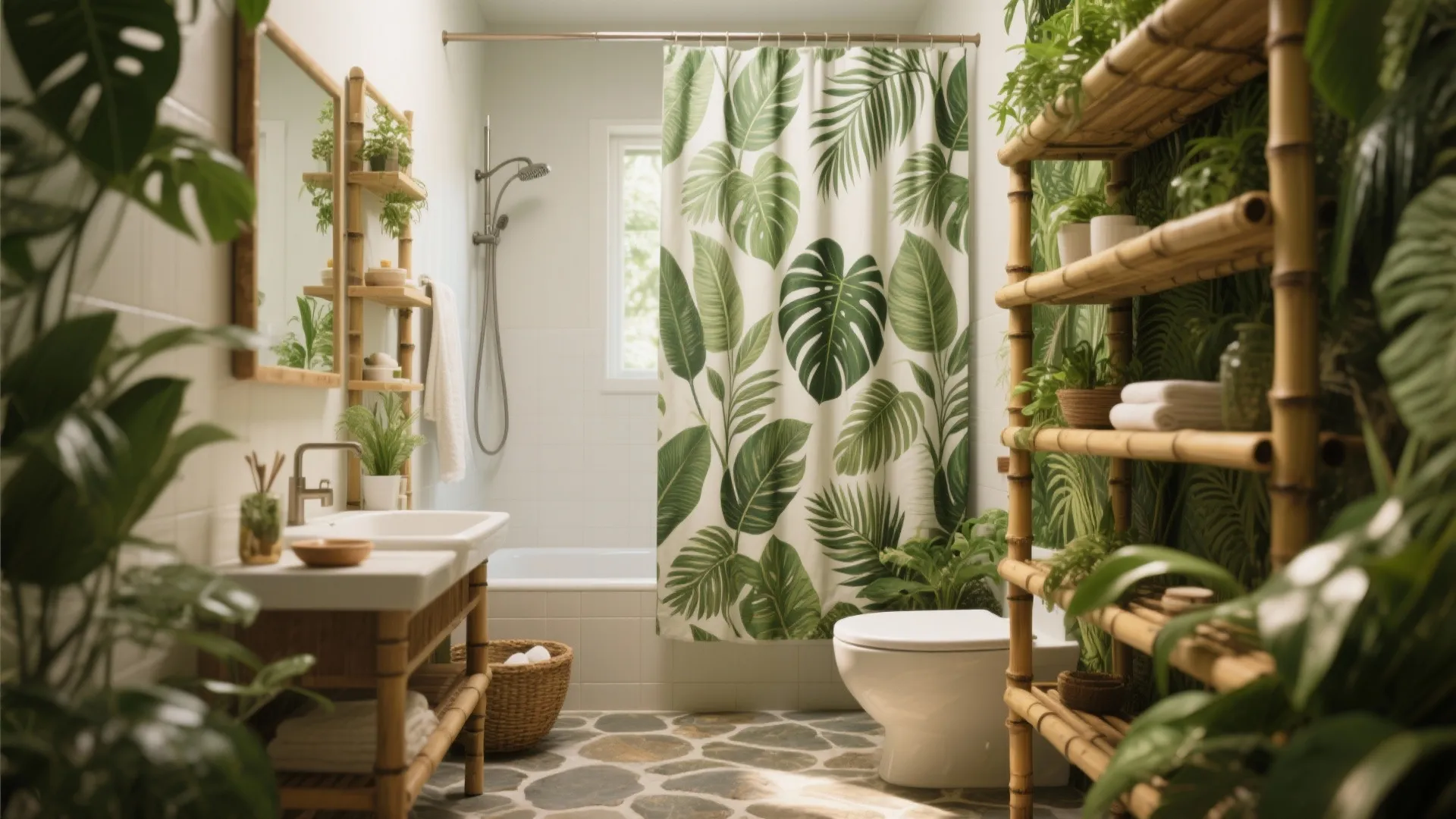 Tropical green leaf print shower curtain in a bathroom with bamboo shelves and green plants