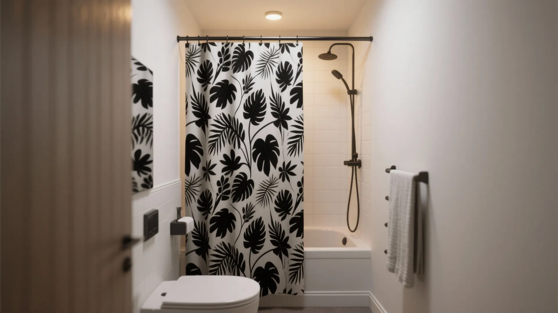 Modern bathroom design with black and white leaf pattern curtain over a small white bathtub