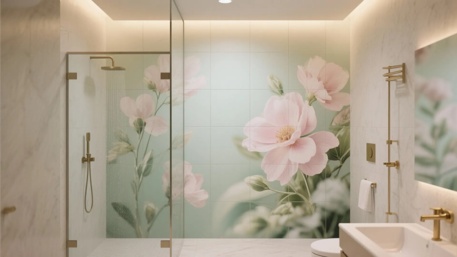 Soft botanical murals for the shower wall