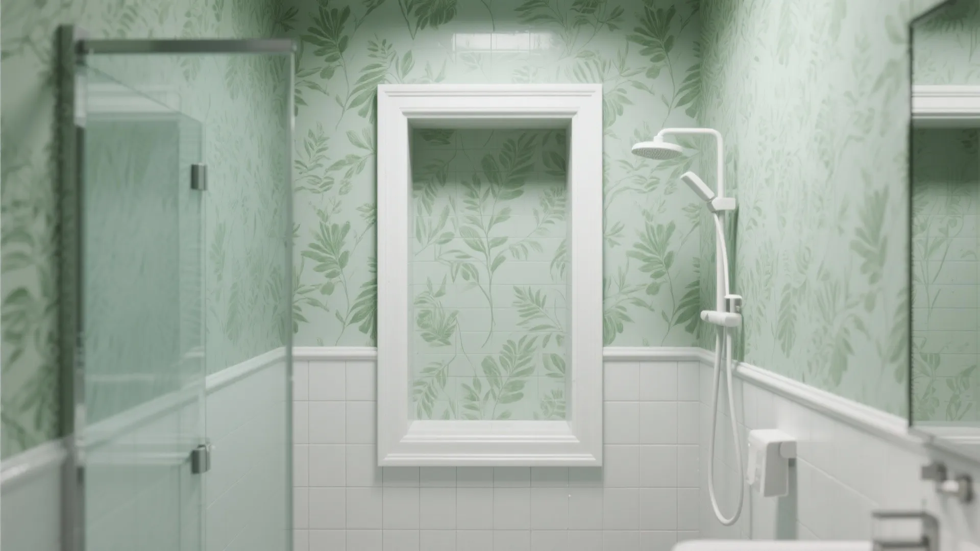 White shower room featuring green botanical wallpaper white tiles and a white shower head system
