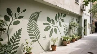 Green Mural Outdoor Corridor with Potted Plants
