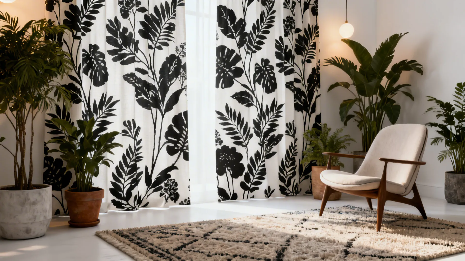 Living room with black botanical silhouette curtains, potted plants, and warm styling