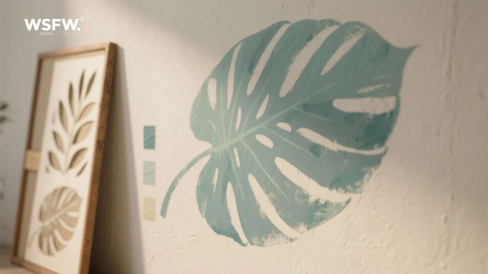 Large teal leaf painting on textured wall with color swatches and framed botanical art nearby