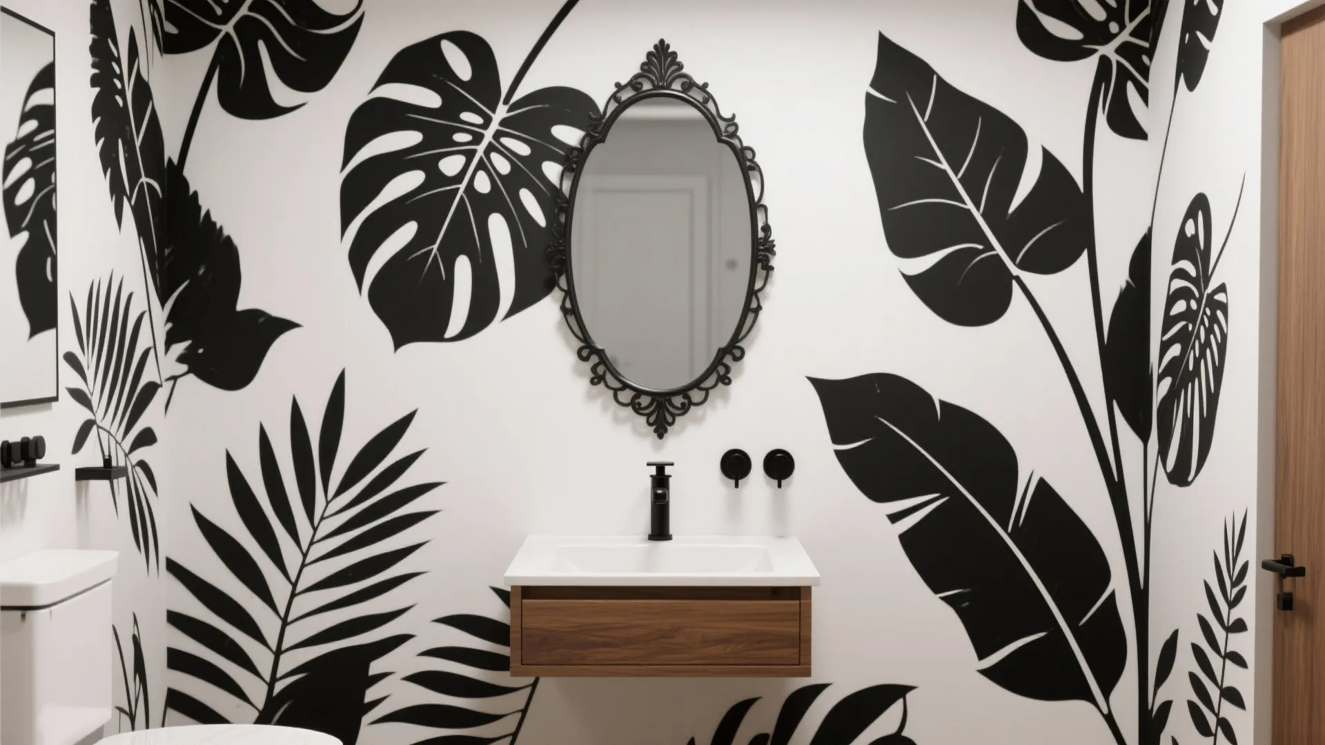 Modern bathroom with black leaf pattern wallpaper oval mirror white sink and wood wall cabinet