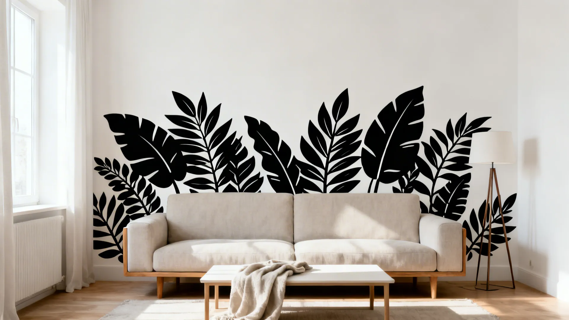 Neutral sofa framed by matte black botanical silhouette wall decals on a warm white wall.
