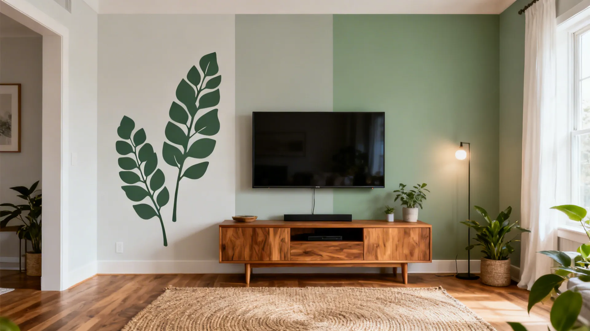 Neutral living room with oversized eucalyptus silhouette decals adding biophilic calm near the TV wall.