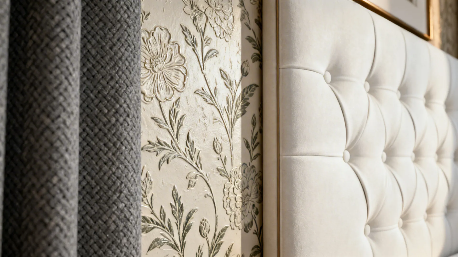 Macro detail of botanical print wallpaper with slate grey textile and ivory upholstery