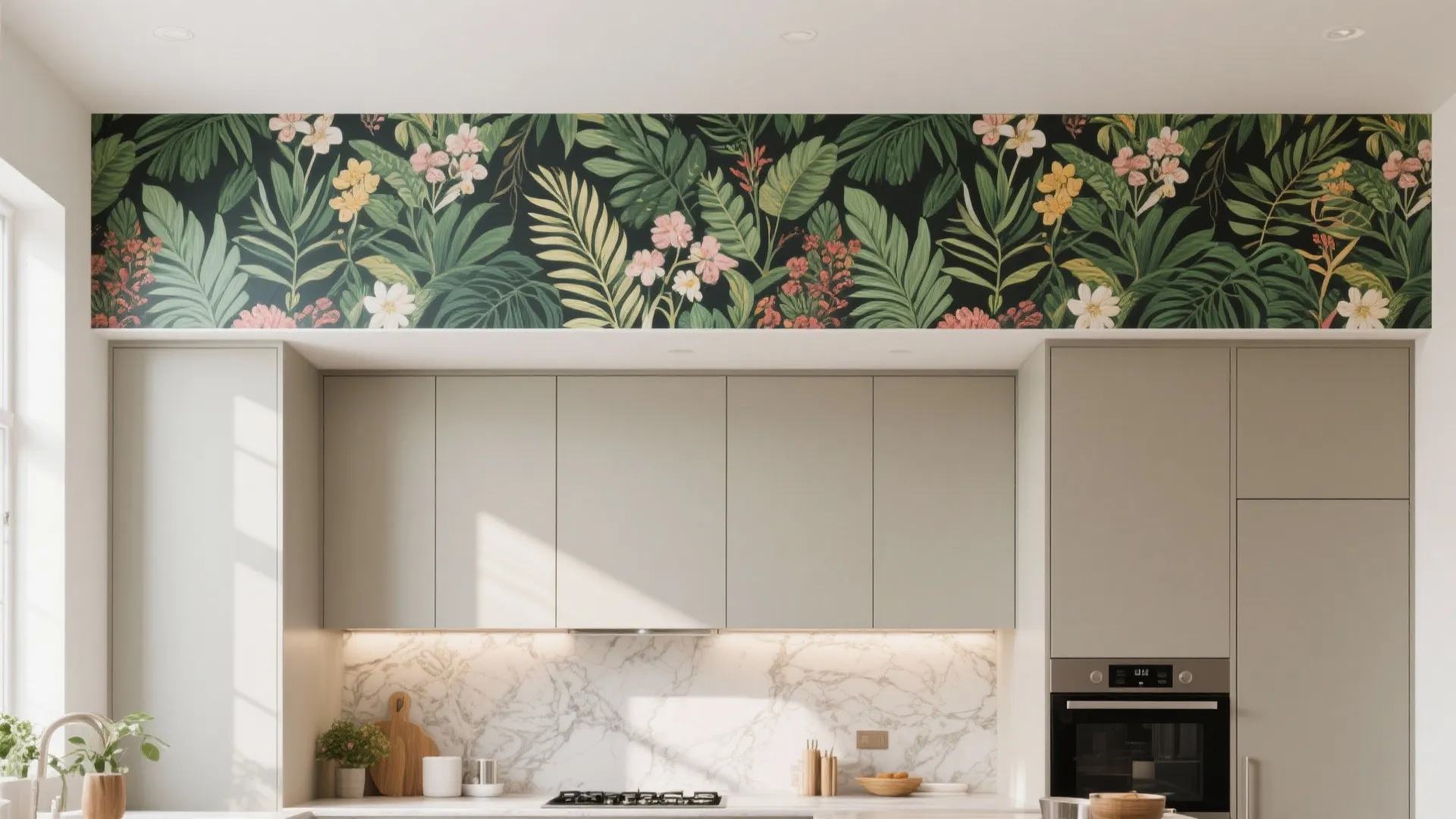 Modern grey kitchen cabinets with botanical floral wallpaper strip above and white marble tiled wall backsplash