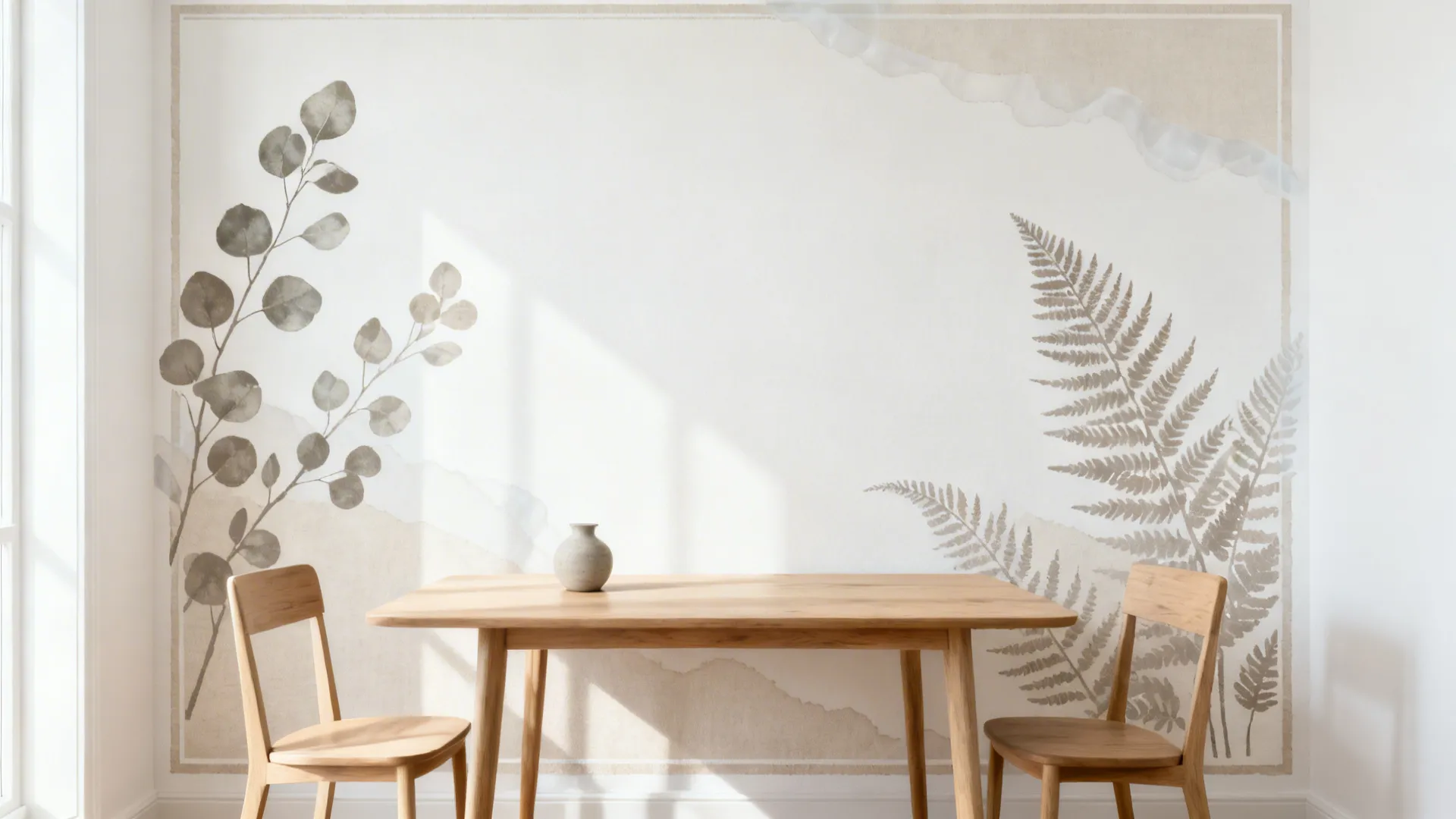 Calm dining nook with neutral eucalyptus and fern silhouette canvas.