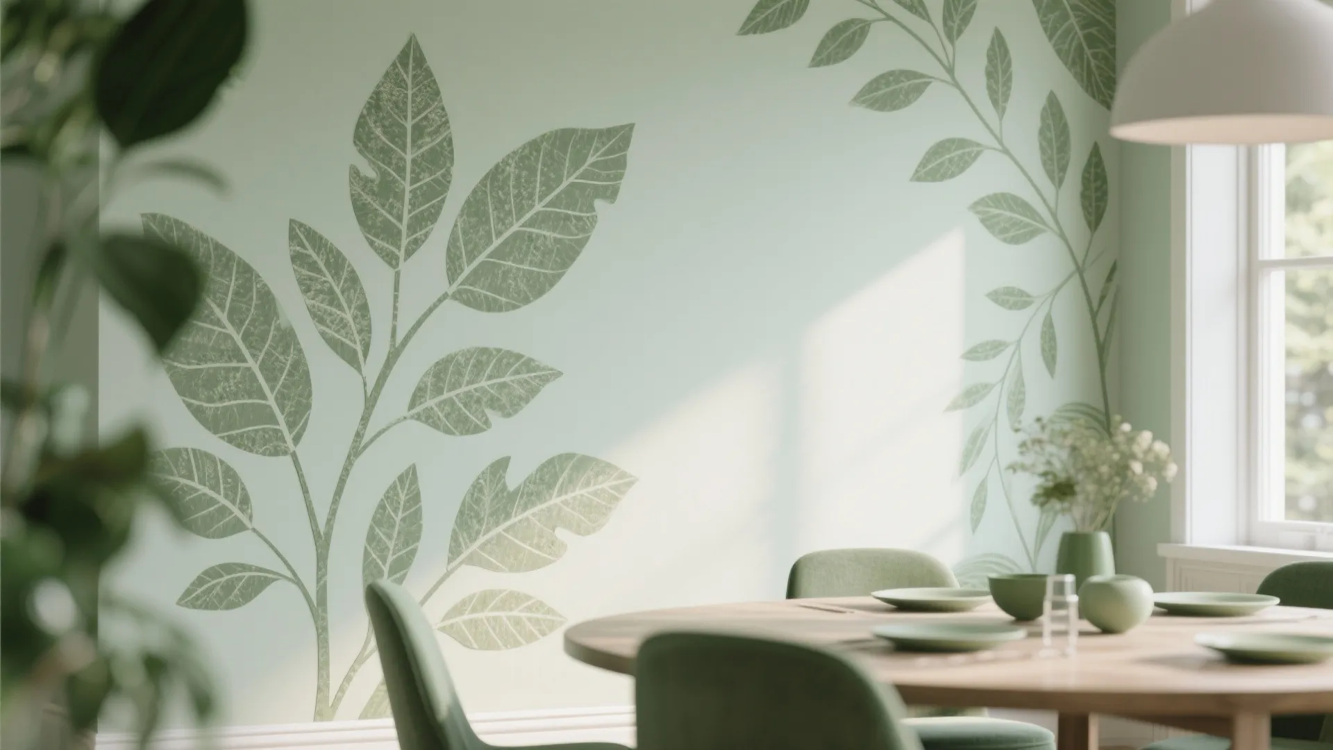Dining room with green leaf wall art and wooden table set with green plates and