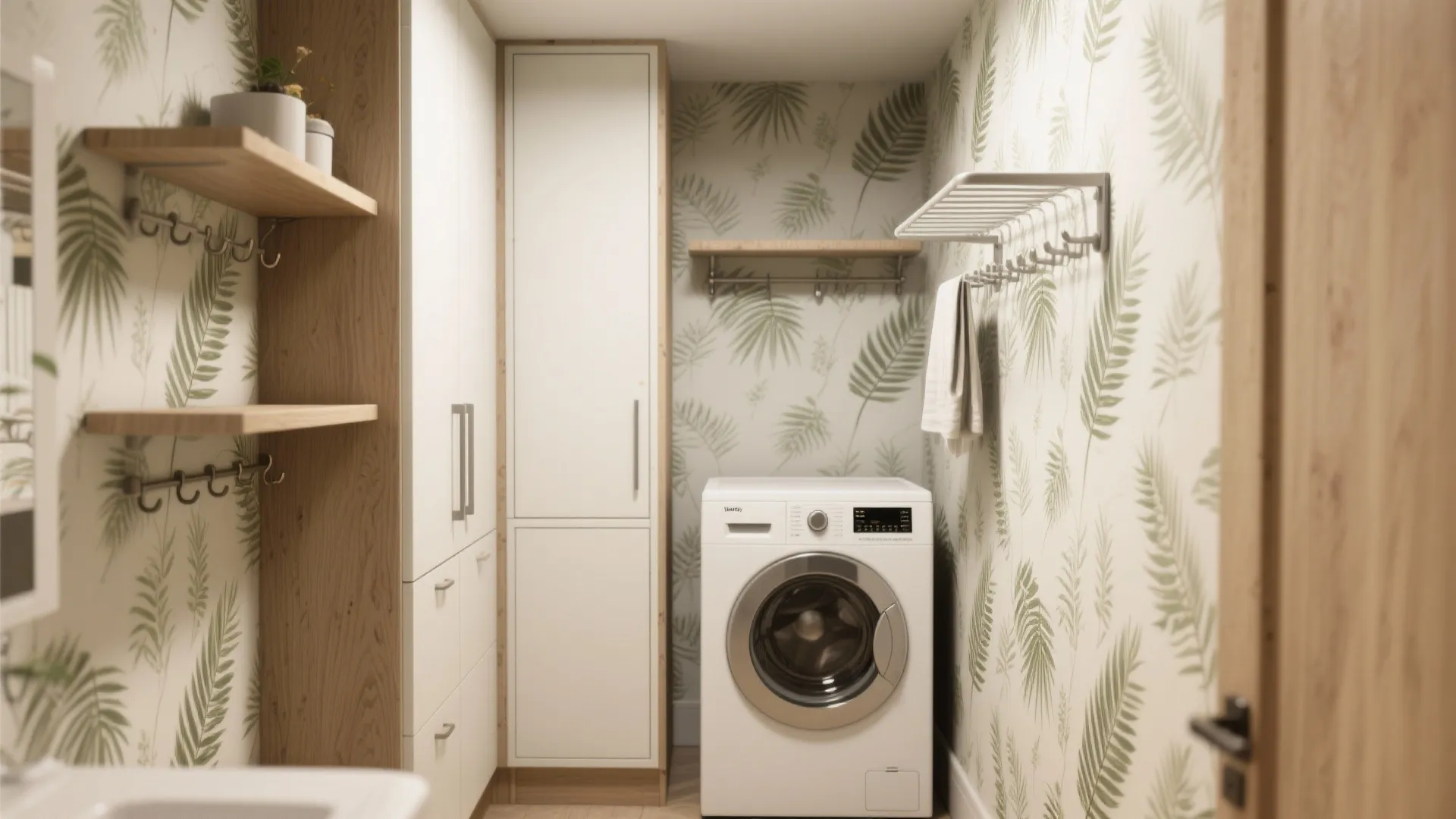 Botanical wallpaper and vertical storage