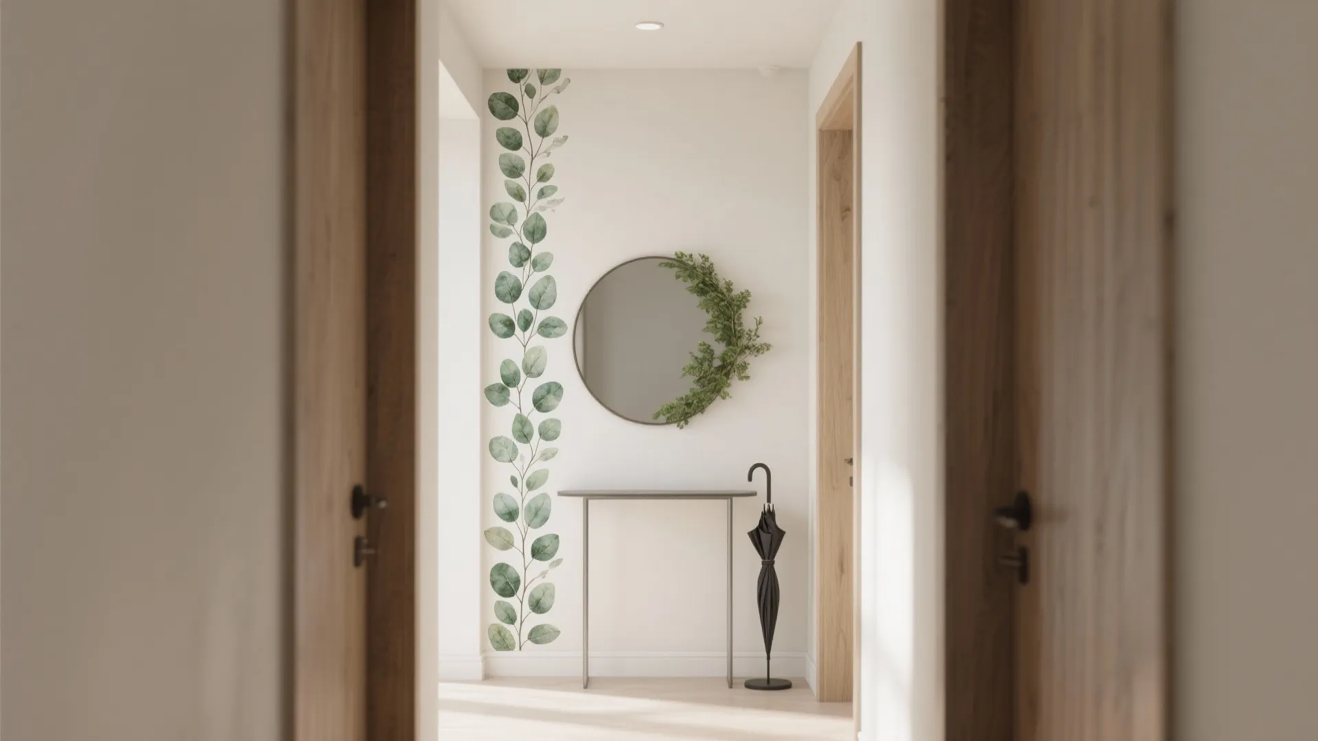 White hallway with round mirror green leaf wall art slim table umbrella and wooden doors