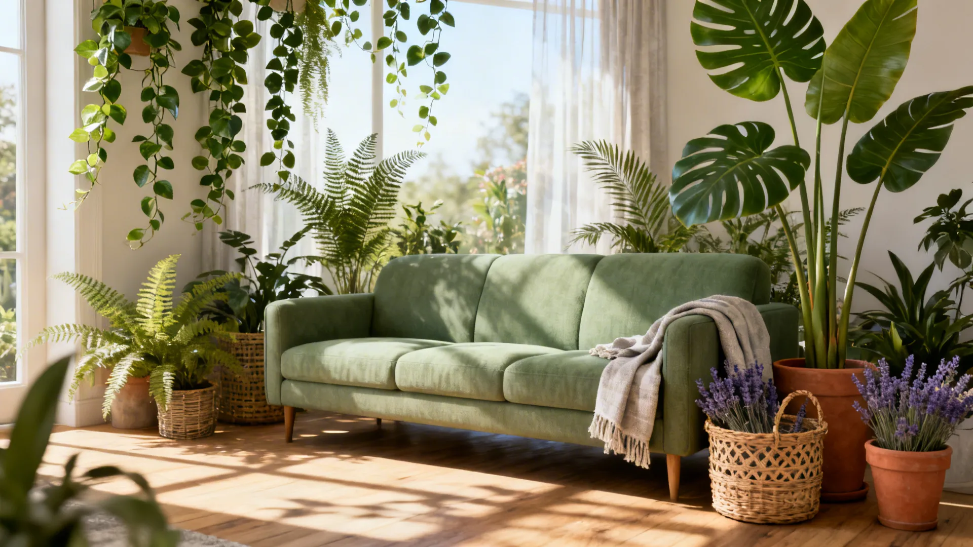 Sage sofa surrounded by plants, rattan baskets and linen textiles for a botanical look.