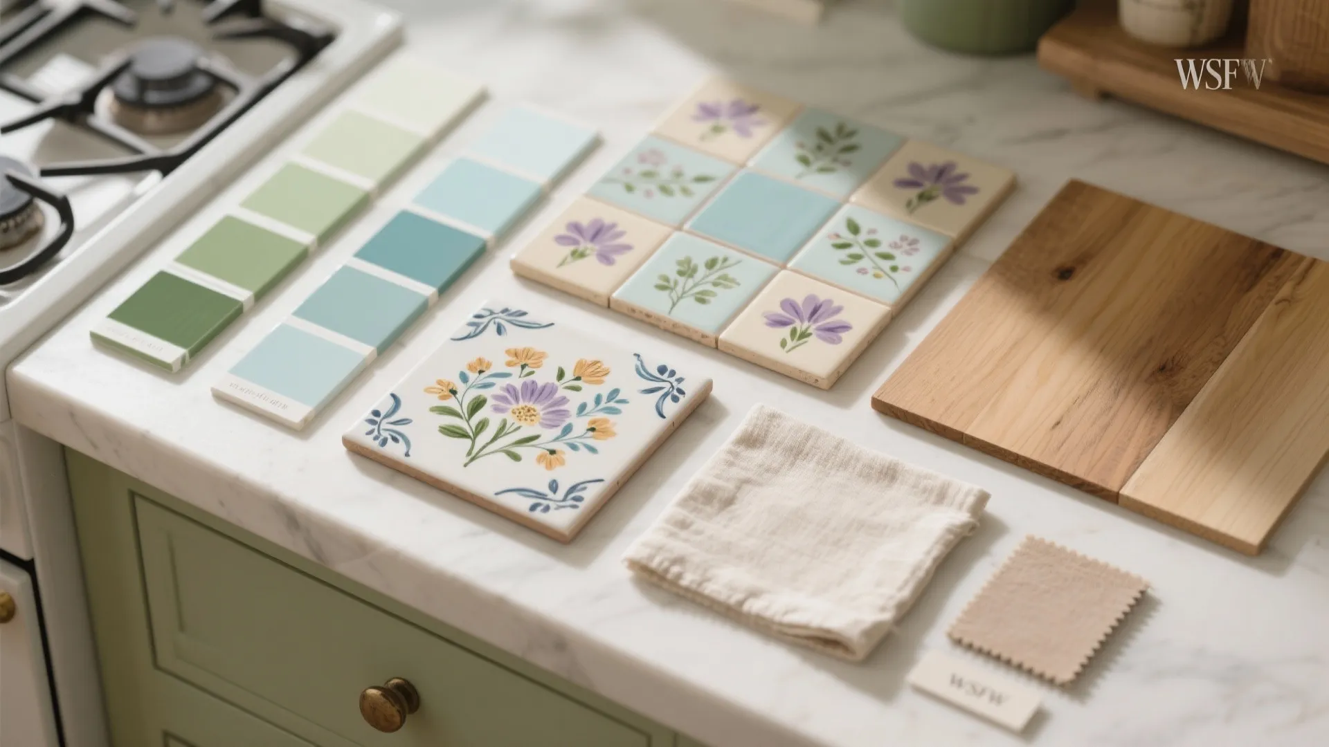 3. Soft Pastels, Botanical Tiles, and a Statement Backsplash