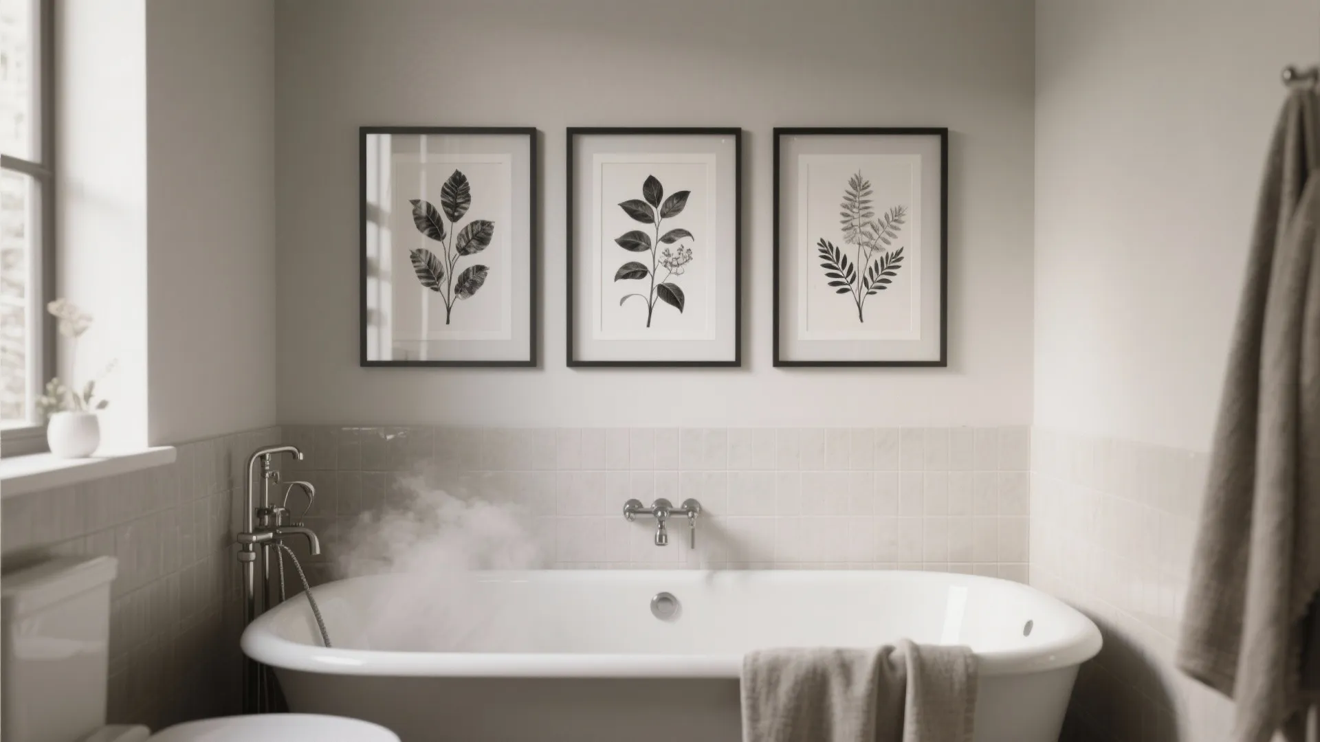 Three botanical leaf prints hanging above a white bathtub with steam in a bright bathroom