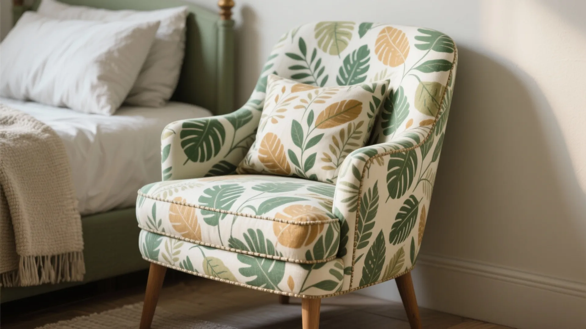 Patterned chair with green leaf design and matching pillow placed next to a white bed