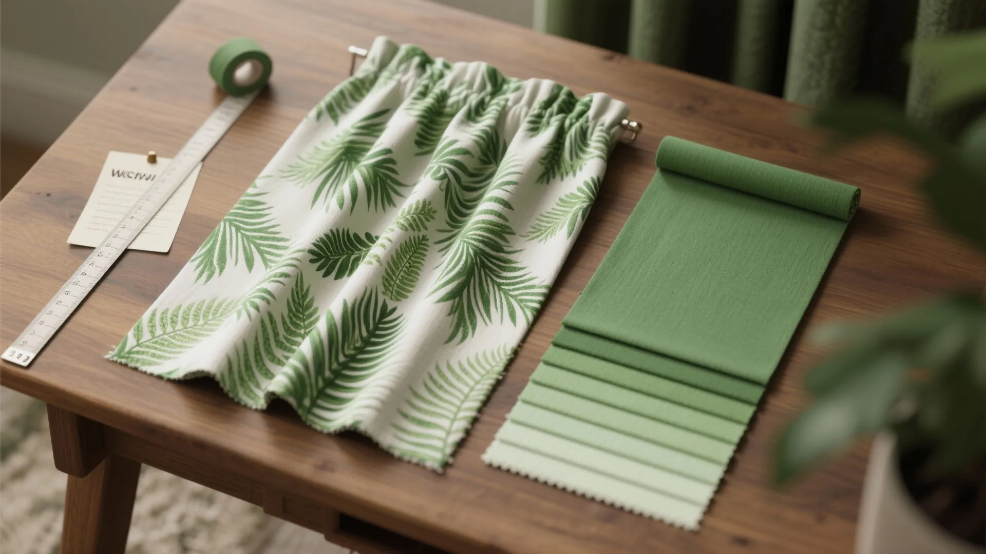 Green leaf pattern curtain fabric samples and solid green color swatches on a wooden table