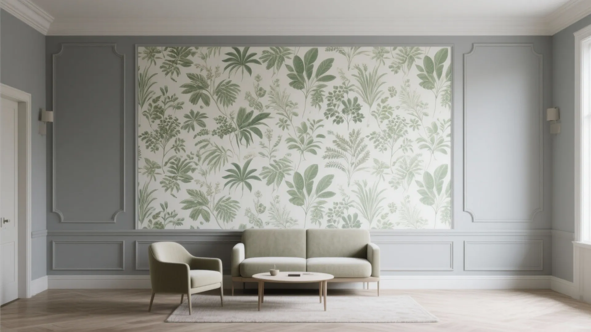 Living room featuring green botanical wallpaper, grey wall panel, beige sofa, and wooden coffee table