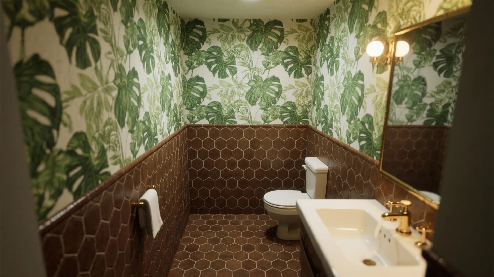 4. Botanical wallpaper + espresso tiles