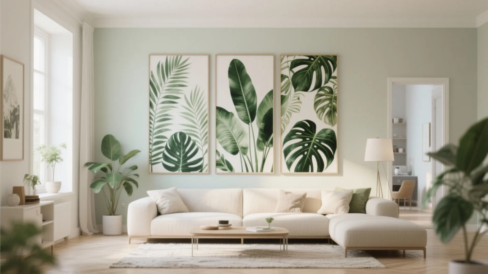 Living room with oversized botanical canvas prints