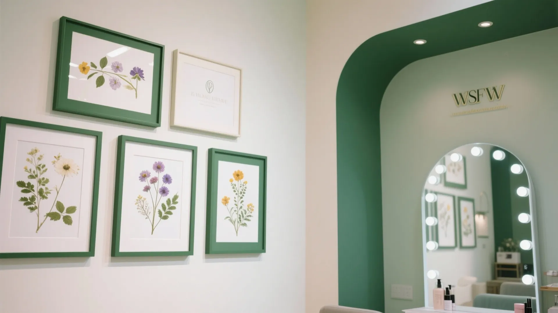 Green botanical wall art prints displayed beside a round light mirror in a modern room