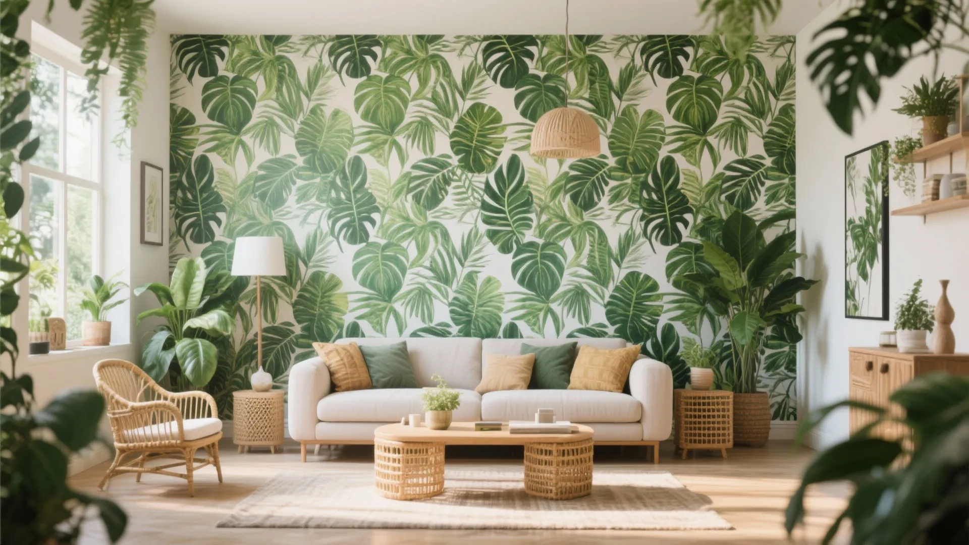 Living room accent wall with vibrant tropical botanical wallpaper