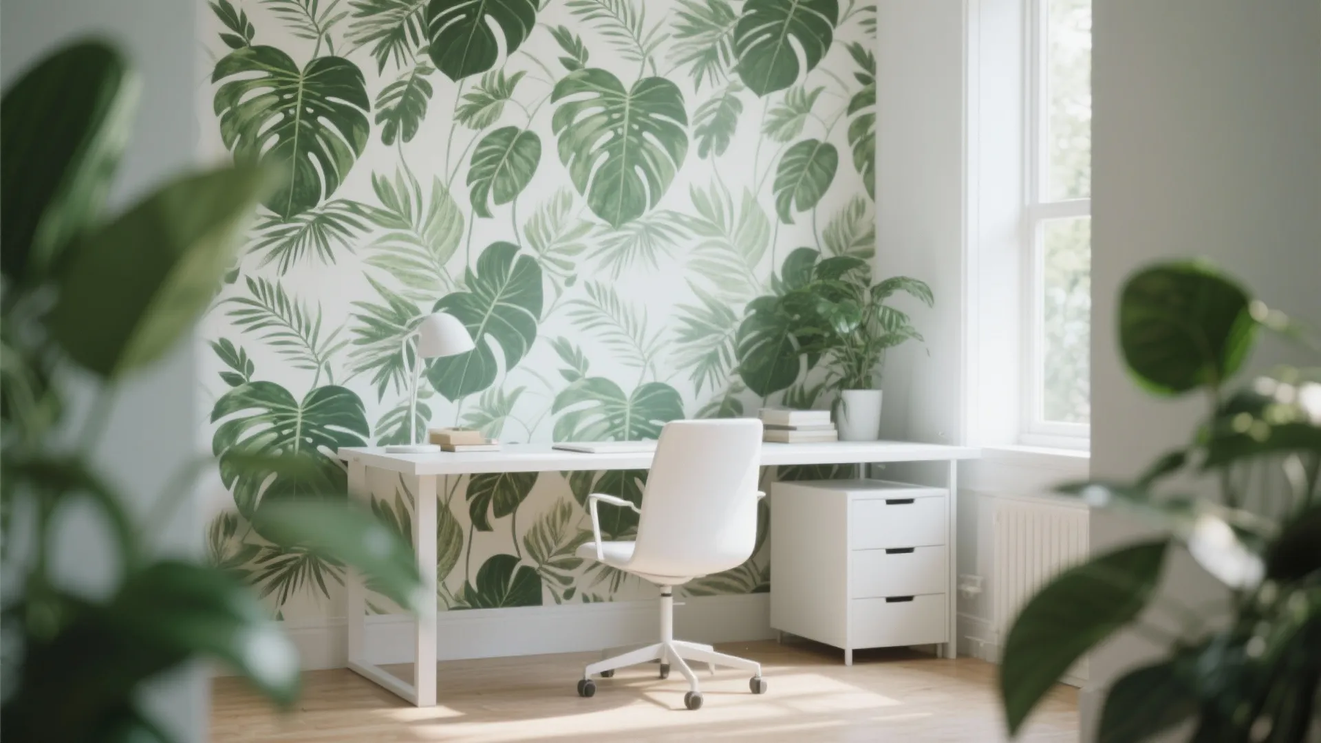 Home office with green botanical print wallpaper behind the desk