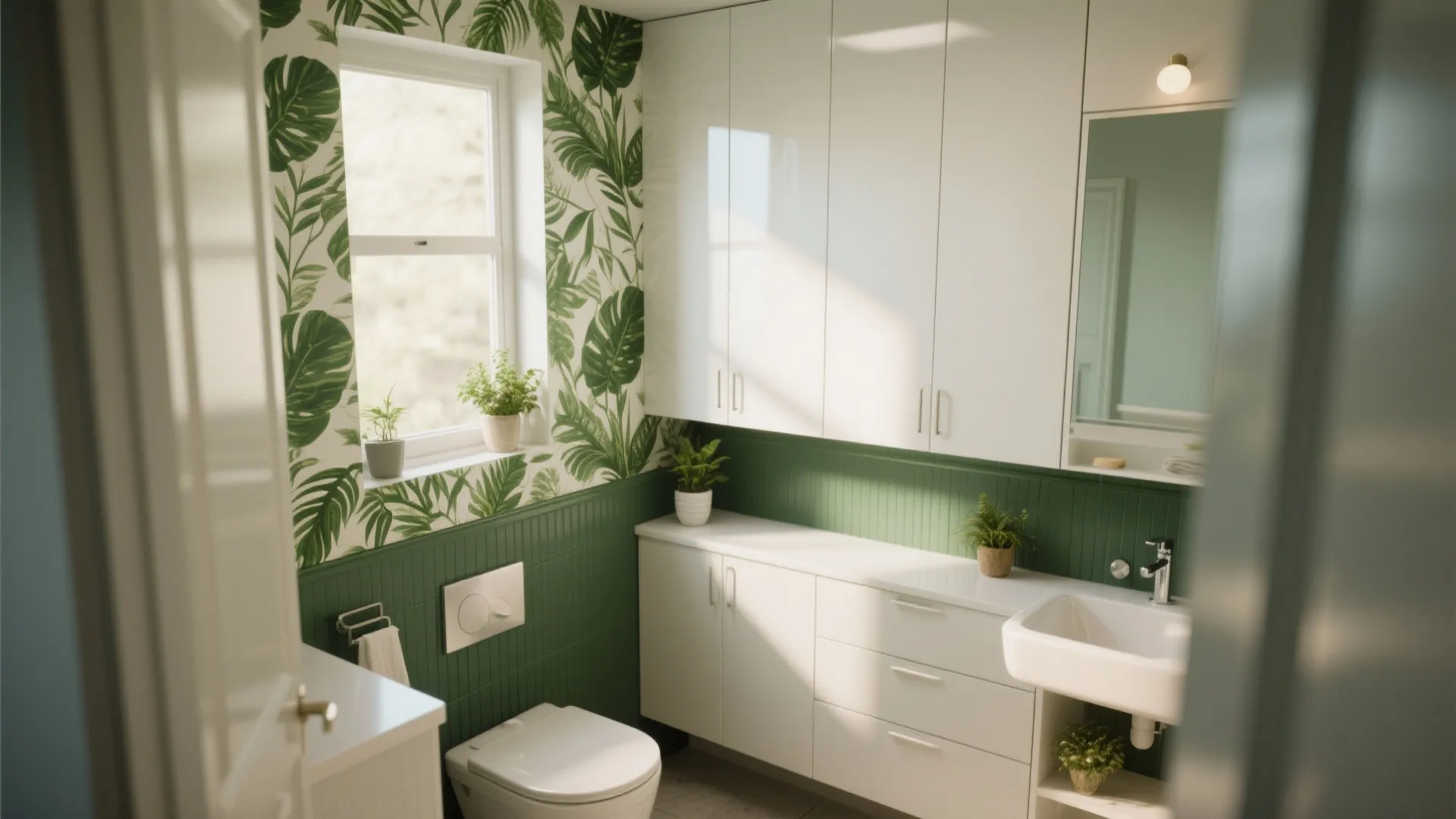 3. Botanical Wallpaper and Glossy White Cabinets