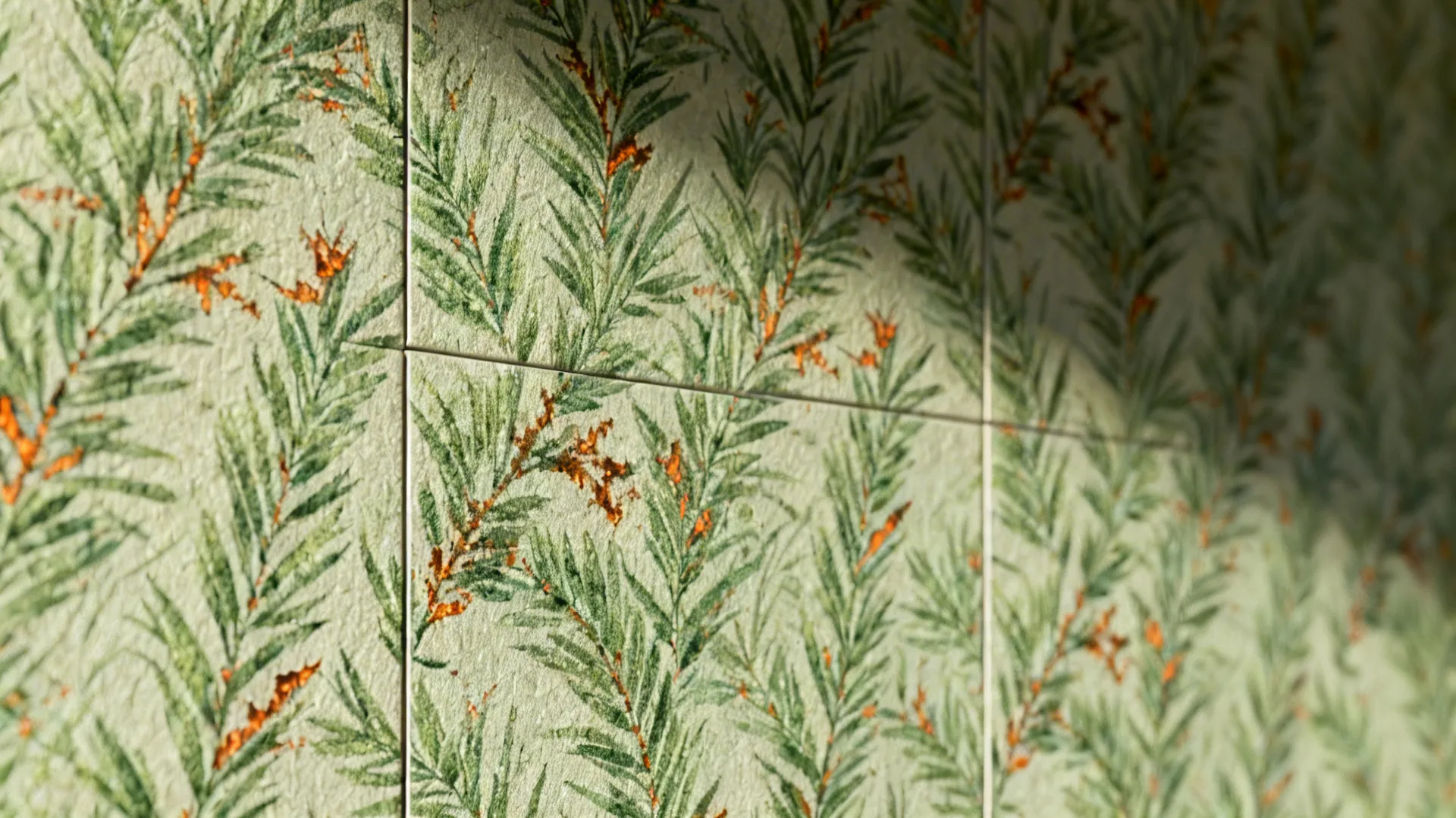 Close-up of green botanical wallpaper with small burnt orange motifs and textured finish