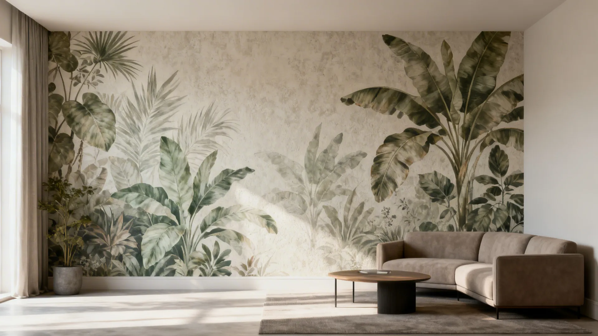 Feature wall with large-scale botanical wallpaper anchoring a small living room.