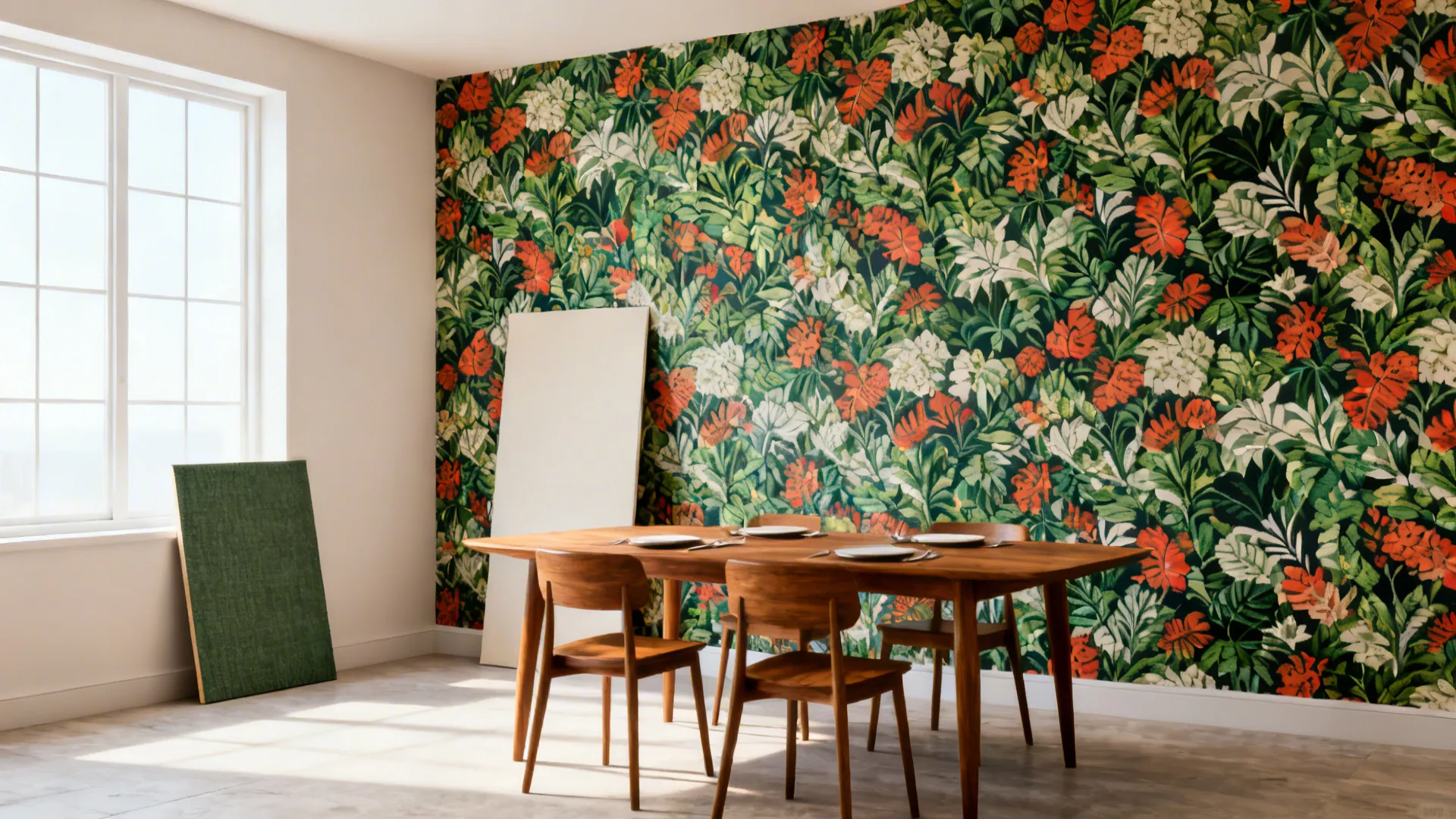 Dining area with bold botanical wallpaper and removable sample panel by the wall.