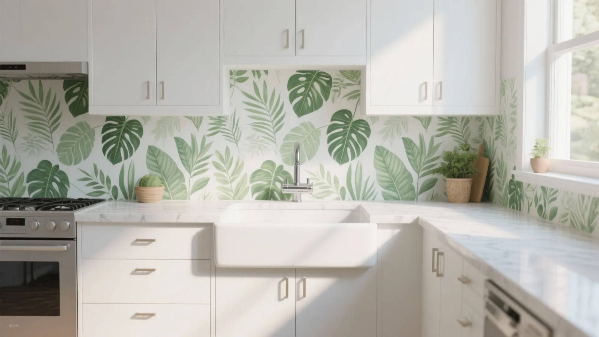 Botanical waterproof wallpaper behind kitchen sink
